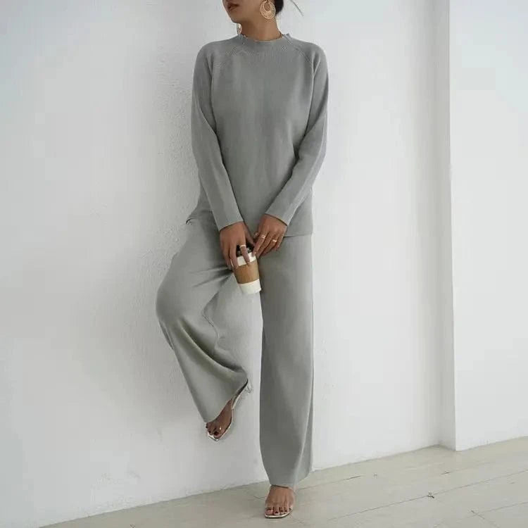 Free / Green Lazy Style Pullover With Split Long Sleeves Knitted Autumn and Winter Sweater Two-piece Set High Waisted Casual Wide Leg Pants