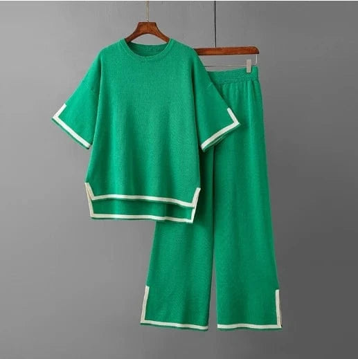 Free / Green Liu Ming New Arrival 2024 Summer Two Piece Loose T Shirt Women Tracksuit Fashion Knit Casual Short Sleeves Lady Pant Suit