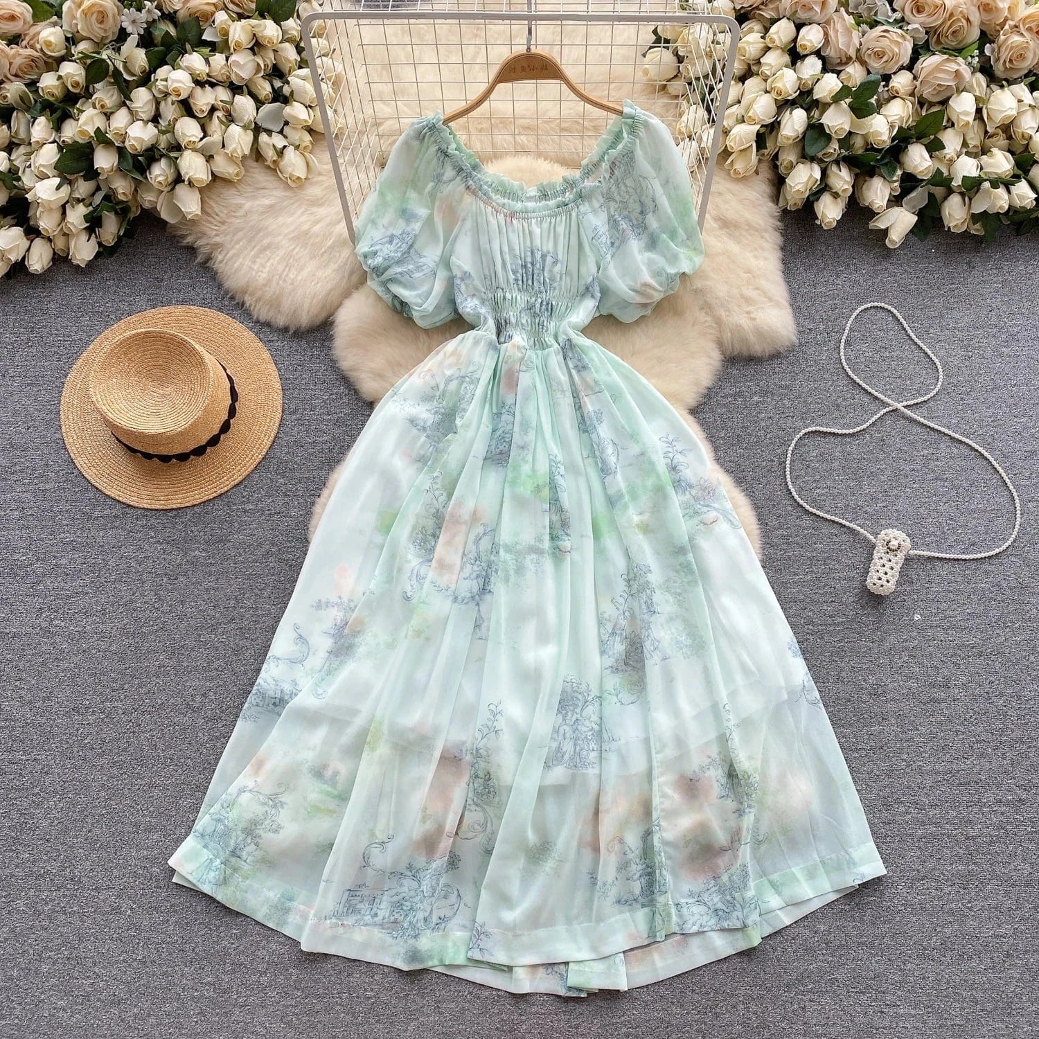 Free / Green New 2024 Korean Chic Floral Print Puff Sleeve Slim Waist Dress Women Dresses Wholesale