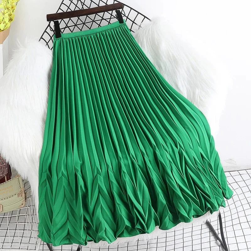 Free / Green New Fashion Spring Autumn Pleated Skirts for Women High Quality Elegant Casual Korean Chic Kawaii Long A-line Skirt Woman Cloth