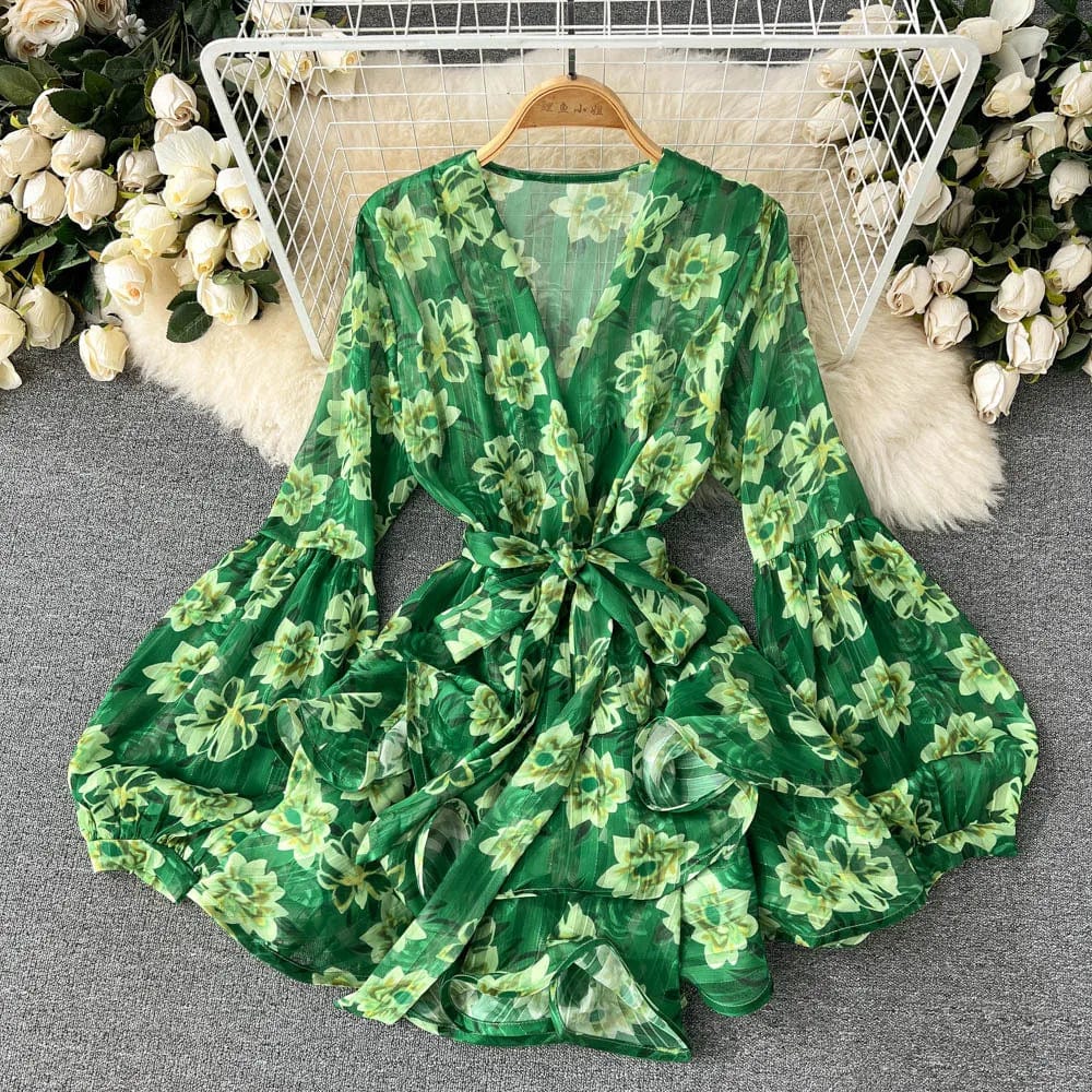Free / Green New Summer Trend High Waisted Casual Long Sleeve Korean V-neck Sexy Floral Dress For Women 2024