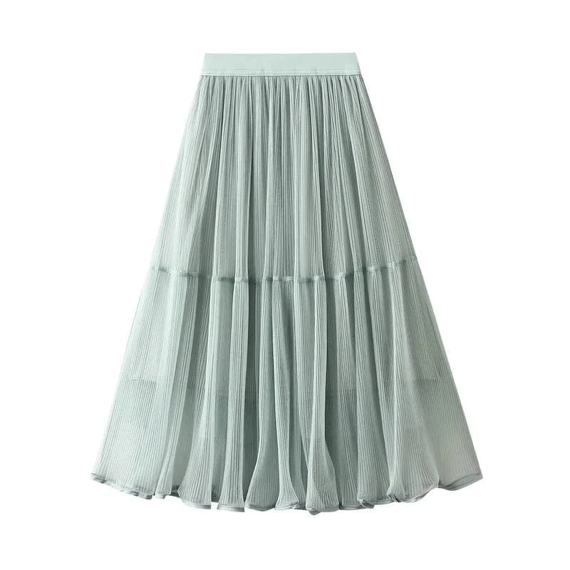 Free / Green Spring Autumn Mesh Pleated Skirts Ladies Elegant Casual Korean Fashion Mid-Length Slim Long Skirt Women Patchwork Black Faldas
