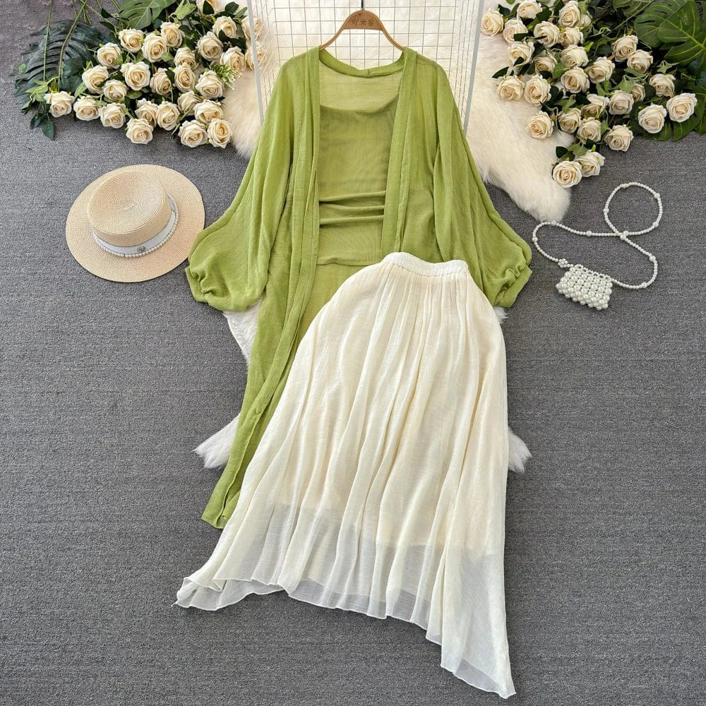 Free / Green Spring New Sunscreen Cardigan Knitted Camisole Vest High Waist Slimming A-line Skirt Women's Set