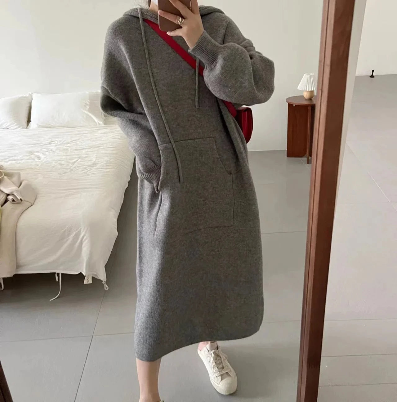 Free / grey Lady Autumn Casual Hooded Dress Oversized Sweatshirt  Long Sleeve Loose Pocket Split Sweater Dress For Women