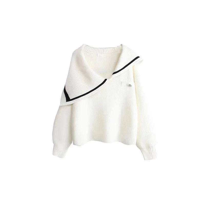 Free / Ivory 2024 Autumn Fashionable girls turn-down neck long sleeve free size cable knit women sweater