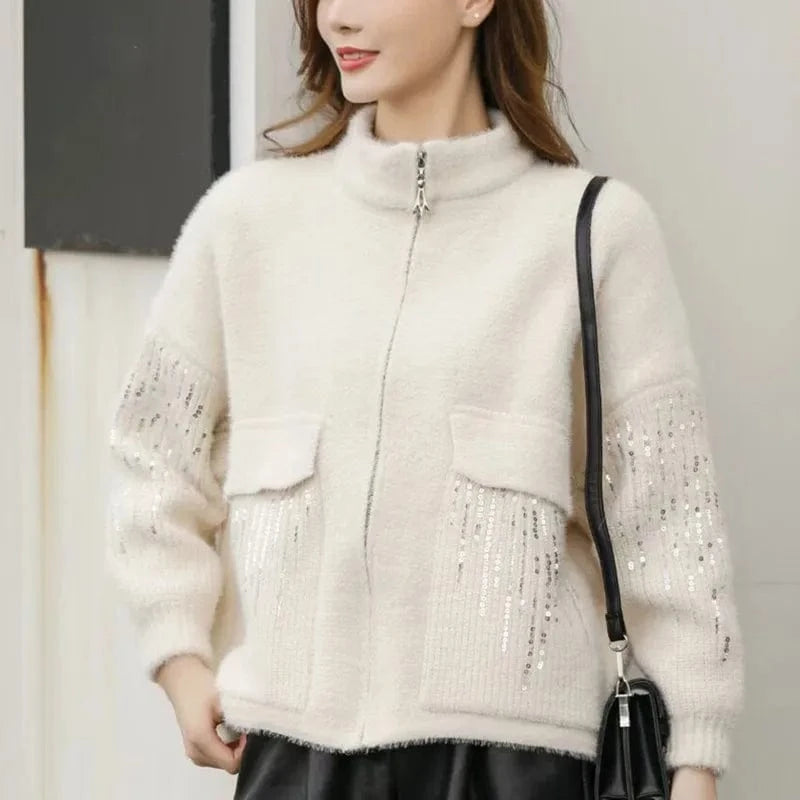 Free / Ivory 2024 Fashionable woman new arrival mock neck long sleeve oversize cardigan sequined thick sweater coat