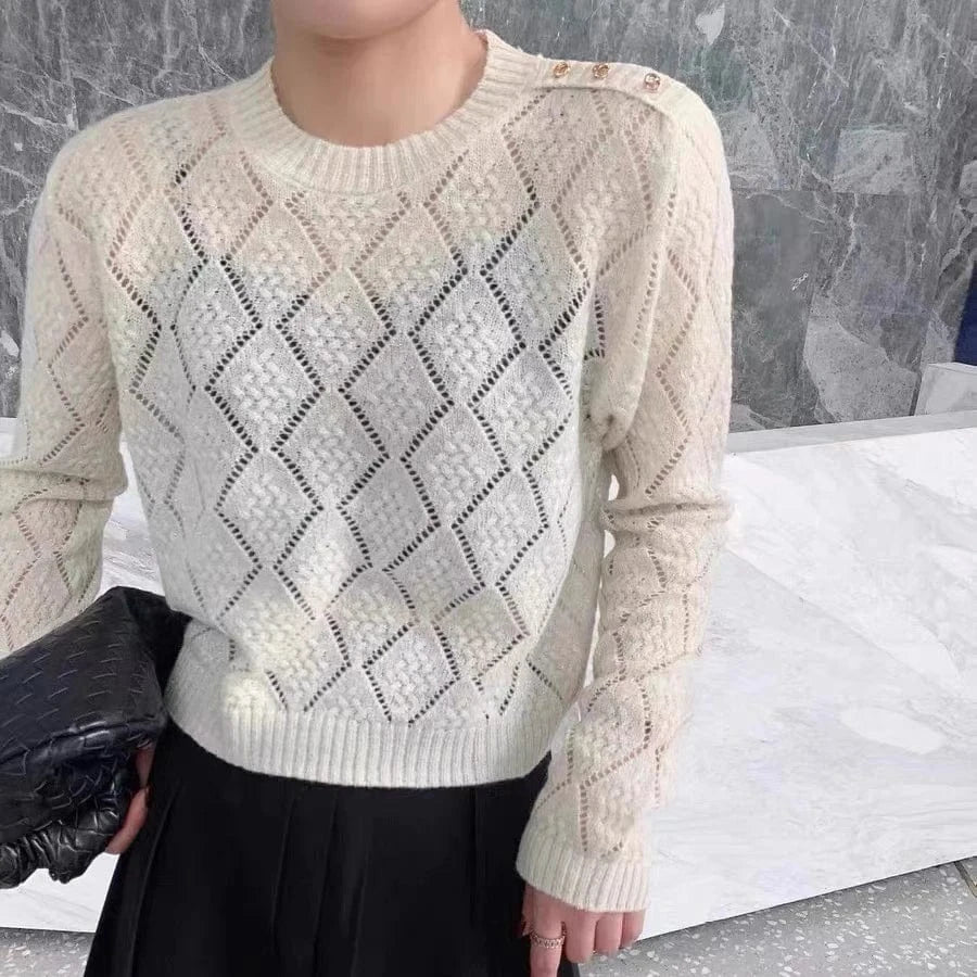 Free / Ivory 2024 spring Women fashionable long sleeve loose hollow out spring thin sweater jumper
