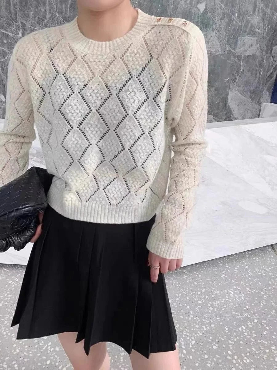 Free / Ivory 2024 spring Women fashionable long sleeve loose hollow out spring thin sweater jumper