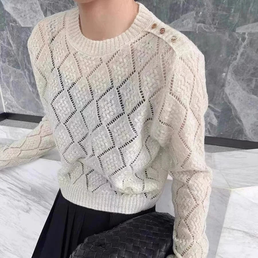 Free / Ivory 2024 spring Women fashionable long sleeve loose hollow out spring thin sweater jumper