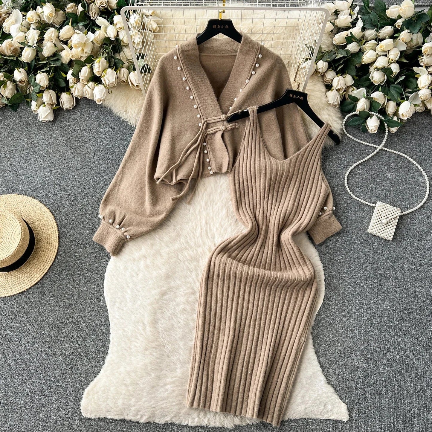Free / Khaki 2024 Fashion Set Women's Autumn and Winter Premium Halter Dress Vintage Loose Knit Shawl Jacket Set