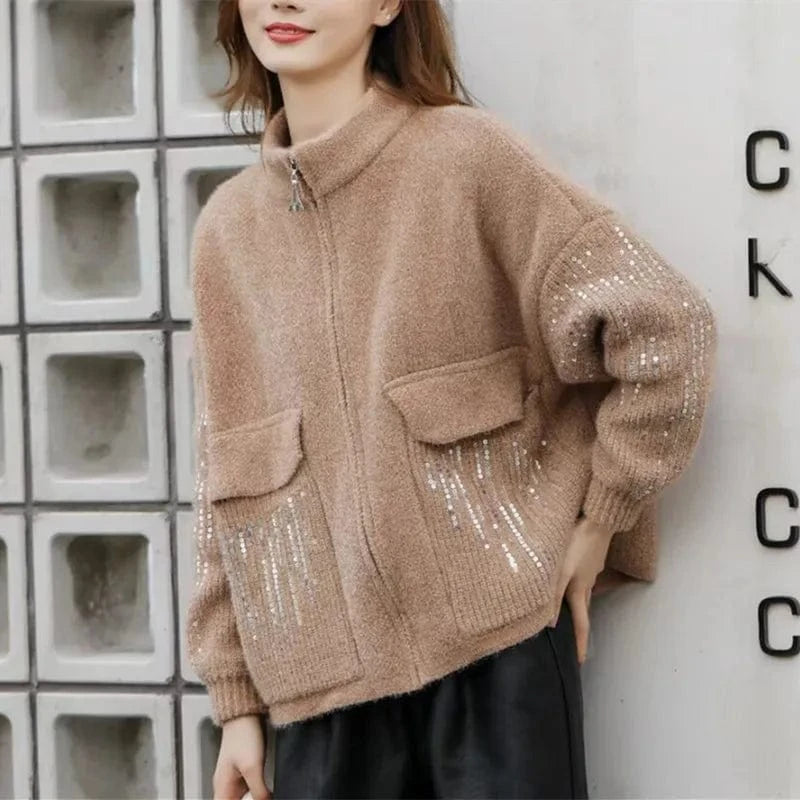 Free / Khaki 2024 Fashionable woman new arrival mock neck long sleeve oversize cardigan sequined thick sweater coat