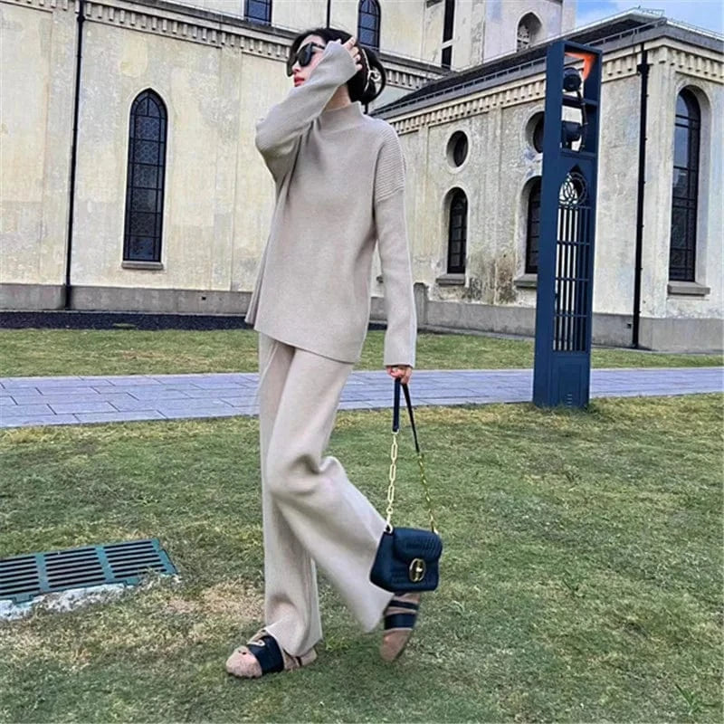 Free / Khaki 2024 Spring and autumn new arrival of high-quality fashion women's turtleneck long sleeve solid color knitted sweater dress set