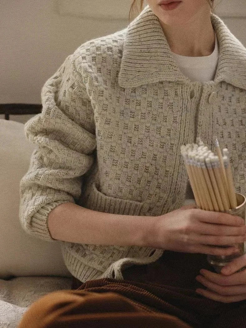 Free / Khaki 2024 Spring fashionable women crew neck lapel long sleeve solid crochet sweater cardigan