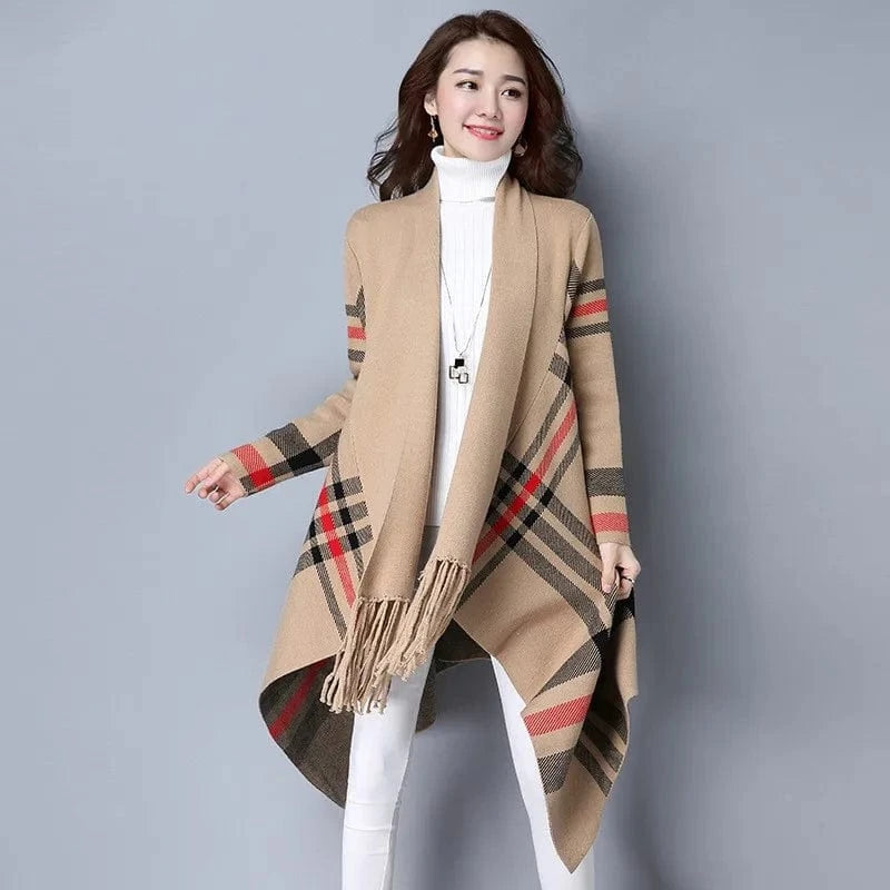 Free / Khaki 2024 spring new arrival fashion lady  batwing sleeve stripe tassel sweater coat