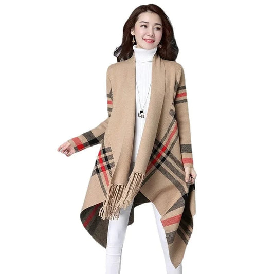 Free / Khaki 2024 spring new arrival fashion lady  batwing sleeve stripe tassel sweater coat