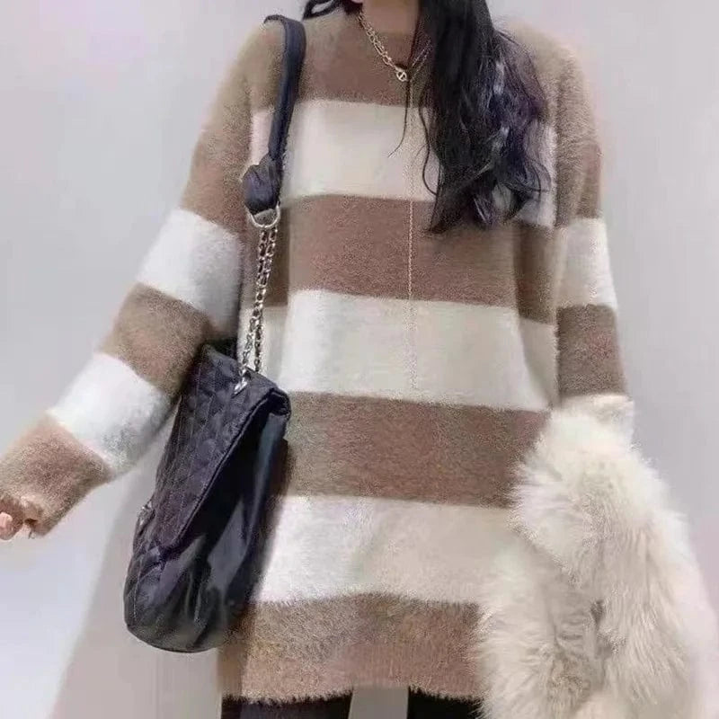 Free / Khaki 2024 Spring new arrival fashion lady crew neck long sleeve loose fit stripe mohair long sweaters