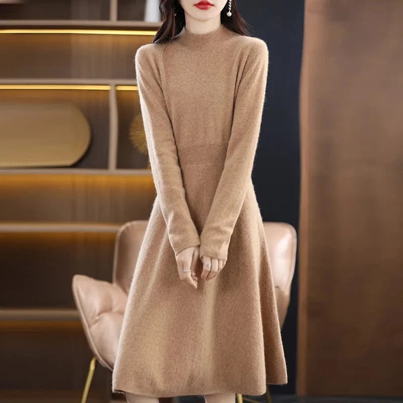 Free / Khaki 2024 Spring new arrival fashion lady middle high neck long sleeve slim fit high waist loose hip women sweater dress