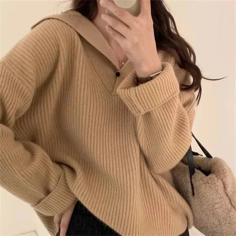 Free / Khaki 2024 Spring women new arrival big turn-down neck long sleeve loose cable knit jumper sweater pullover