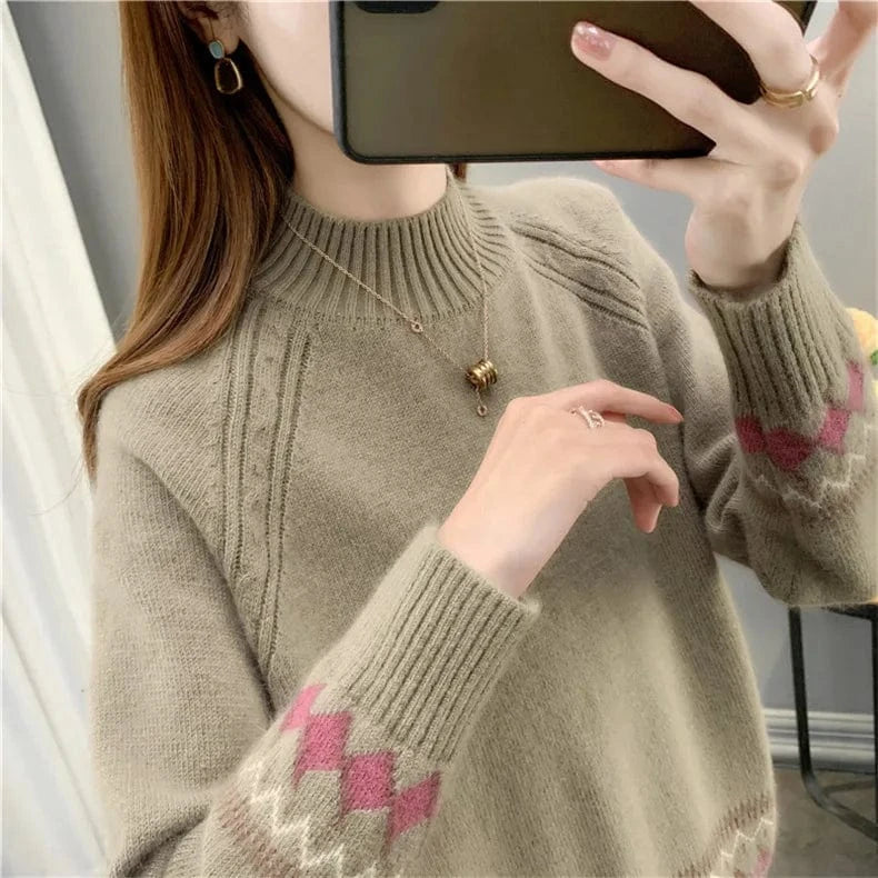 Free / Khaki 2024 Spring women new arrival crew neck Smiling face Jacquard raglan sleeve oversize lady sweater pullover