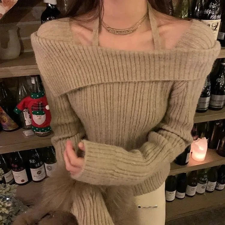 Free / Khaki 2024 Spring women new arrival long sleeve loose off-shoulder big lapel sexy sweater jumper halter top