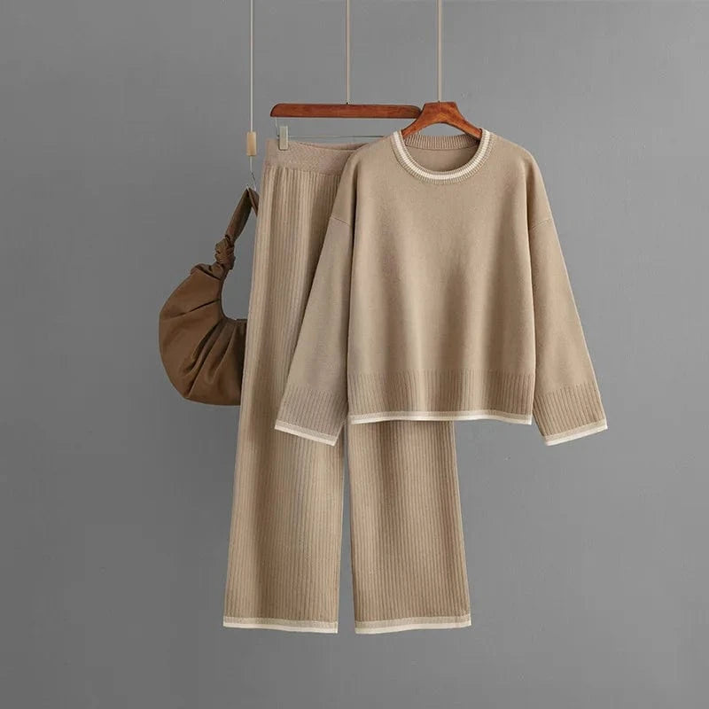 Free / Khaki 50% Off Wholesale Autumn Winter Cross Border Round Neck Solid Color Sweater Knit Women's Warm Winter Two Piece Knit Sweater Sets