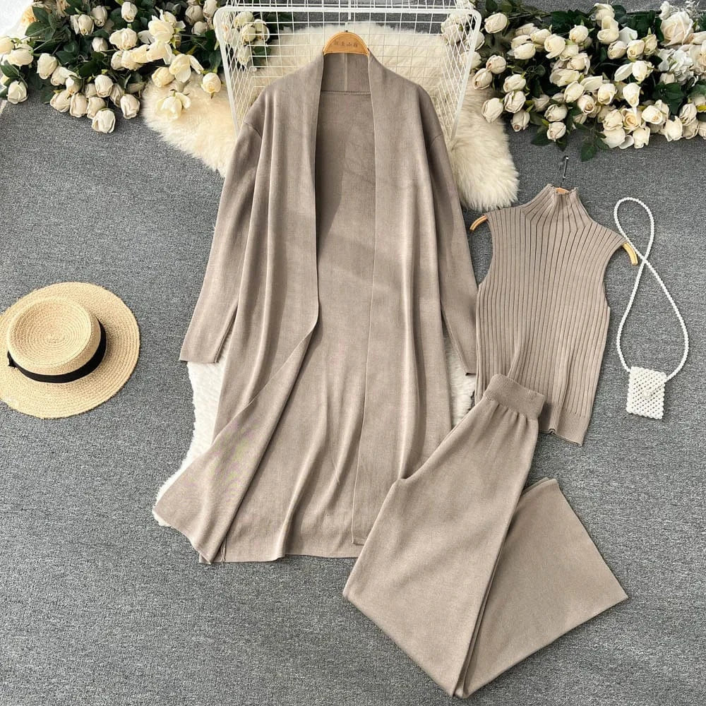 Free / Khaki Autumn new lazy loose knit suit women's long cape cardigan+high neck sweater+wide leg pants three piece set