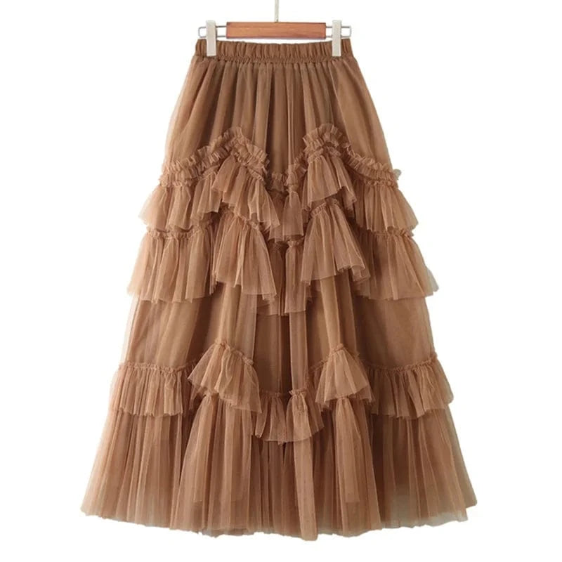 Free / Khaki Black Patchwork Mesh Skirt For Women High Waist Casual Ball Gown Skirts Female Fashion New Clothes 2024 Spring