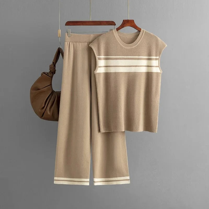Free / Khaki Boutique Wholesale 2024 Autumn New Loose Contrast Stripe Sleeveless Top High Waist Wide Leg Pants Women's Set