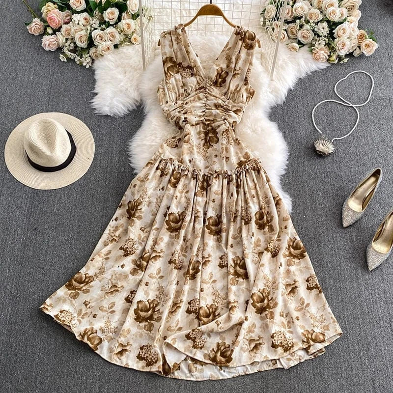 Free / Khaki Fashion Sexy Temperament Women's Dress Summer Casual Retro Backless 2024 Hepburn Big Hem Korean V-neck A-line Long Dresses Khaki