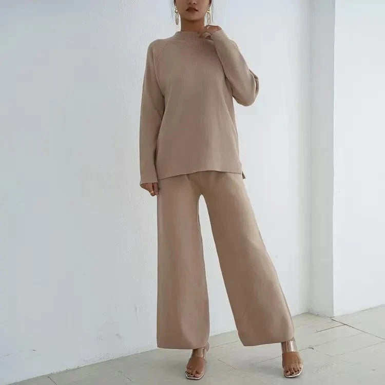 Free / Khaki Lazy Style Pullover With Split Long Sleeves Knitted Autumn and Winter Sweater Two-piece Set High Waisted Casual Wide Leg Pants