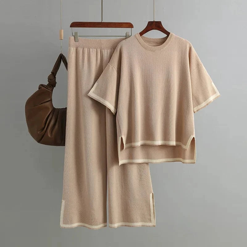 Free / Khaki Liu Ming New Arrival 2024 Summer Two Piece Loose T Shirt Women Tracksuit Fashion Knit Casual Short Sleeves Lady Pant Suit