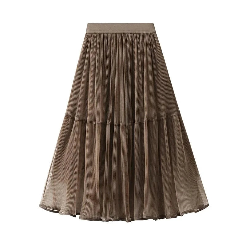 Free / Khaki Spring Autumn Mesh Pleated Skirts Ladies Elegant Casual Korean Fashion Mid-Length Slim Long Skirt Women Patchwork Black Faldas