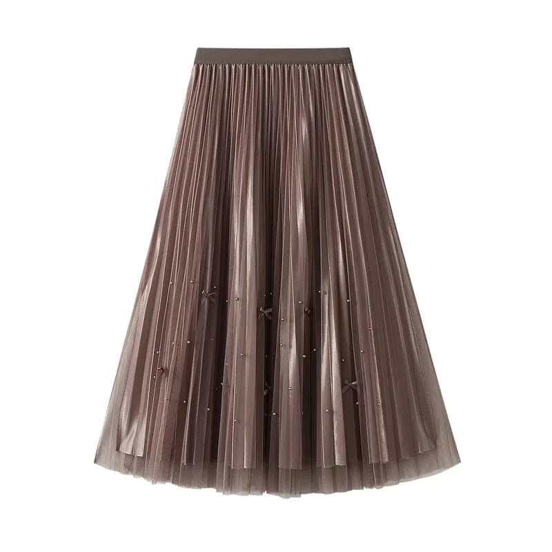 Free / Khaki Summer Vintage Bow Pleated Mesh Midi Skirt for Womans Elastic High Waist Big Hem Pleated Long Skirts Women Beading Chic Faldas