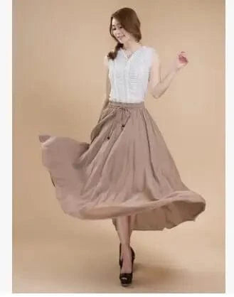 Free / Khaki Women Cotton Long Skirts Elastic Waist Pleated Maxi Skirts Beach Boho Vintage Summer Skirts Faldas Saia Ebsq88