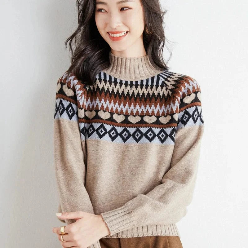 Free / Khaki Women's Sweaters 2024 Winter New Women Sweater Half High Neck Thickened Loose Retro Color Block Knitted Bottom
