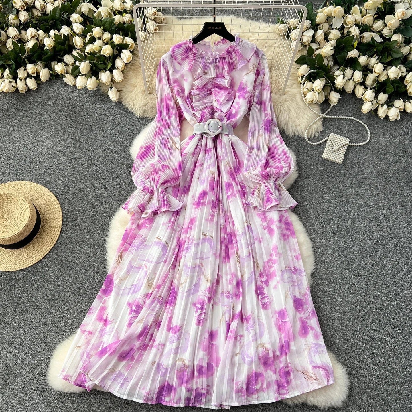 Free / Lavender 2024 New Dress Women's Sweet Auricularia Ruffle Collar Slim Fit Mid length Printed Chiffon Pleated Skirt