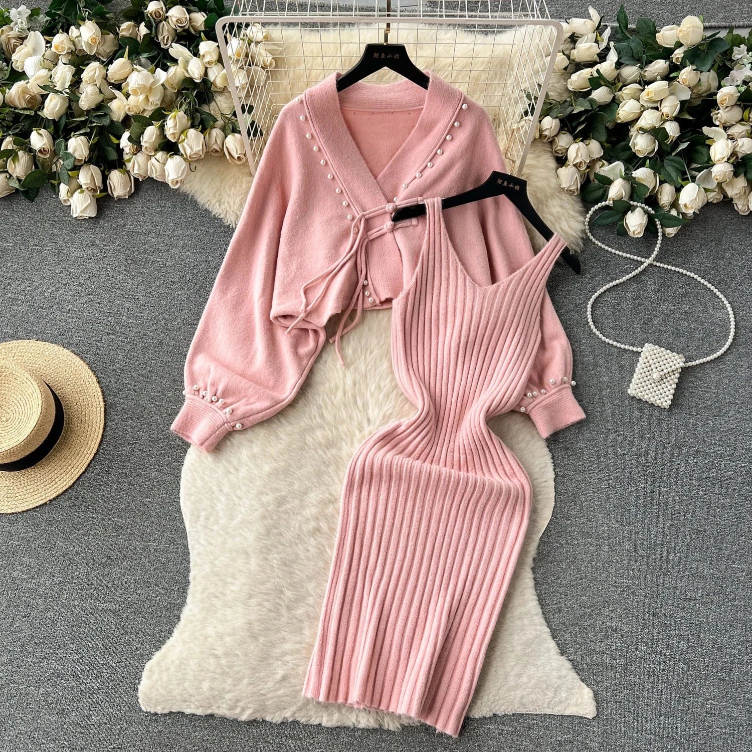 Free / Light pink 2024 Fashion Set Women's Autumn and Winter Premium Halter Dress Vintage Loose Knit Shawl Jacket Set