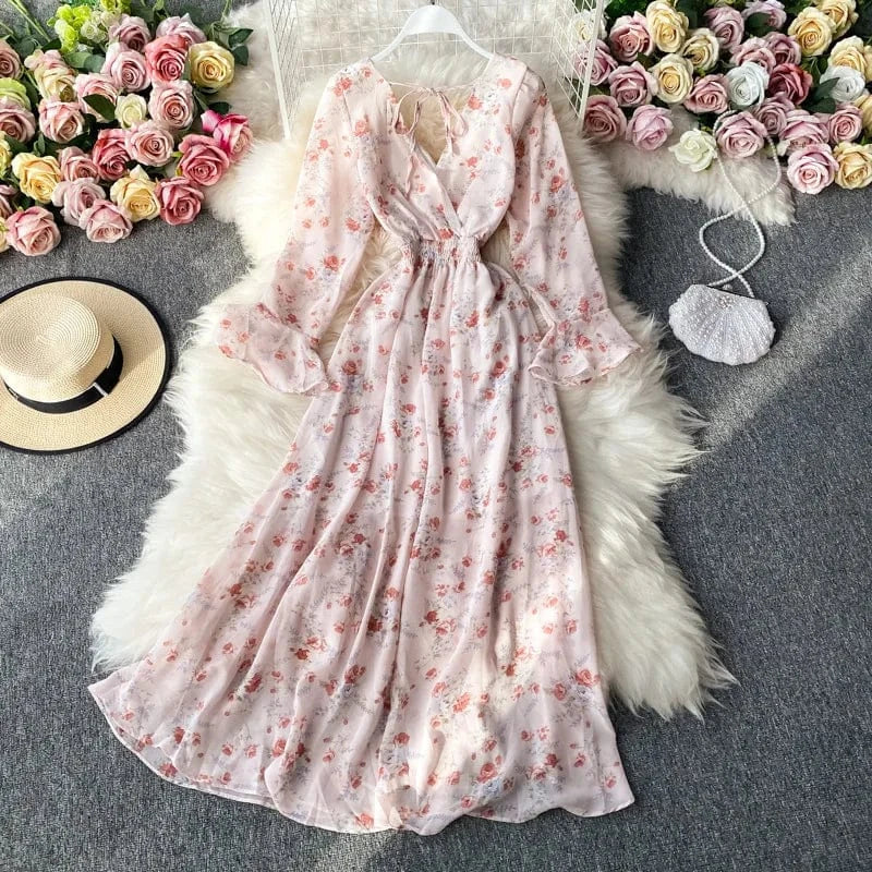 Free / light pink ANSZKTN New Korean Style Floral Print Long Sleeve Casual A Line V Neck Dresses Women Lady Elegant