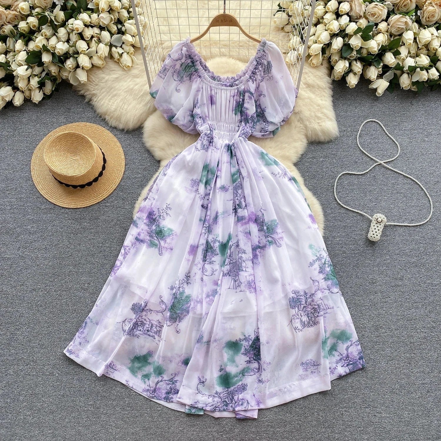 Free / light purple New 2024 Korean Chic Floral Print Puff Sleeve Slim Waist Dress Women Dresses Wholesale