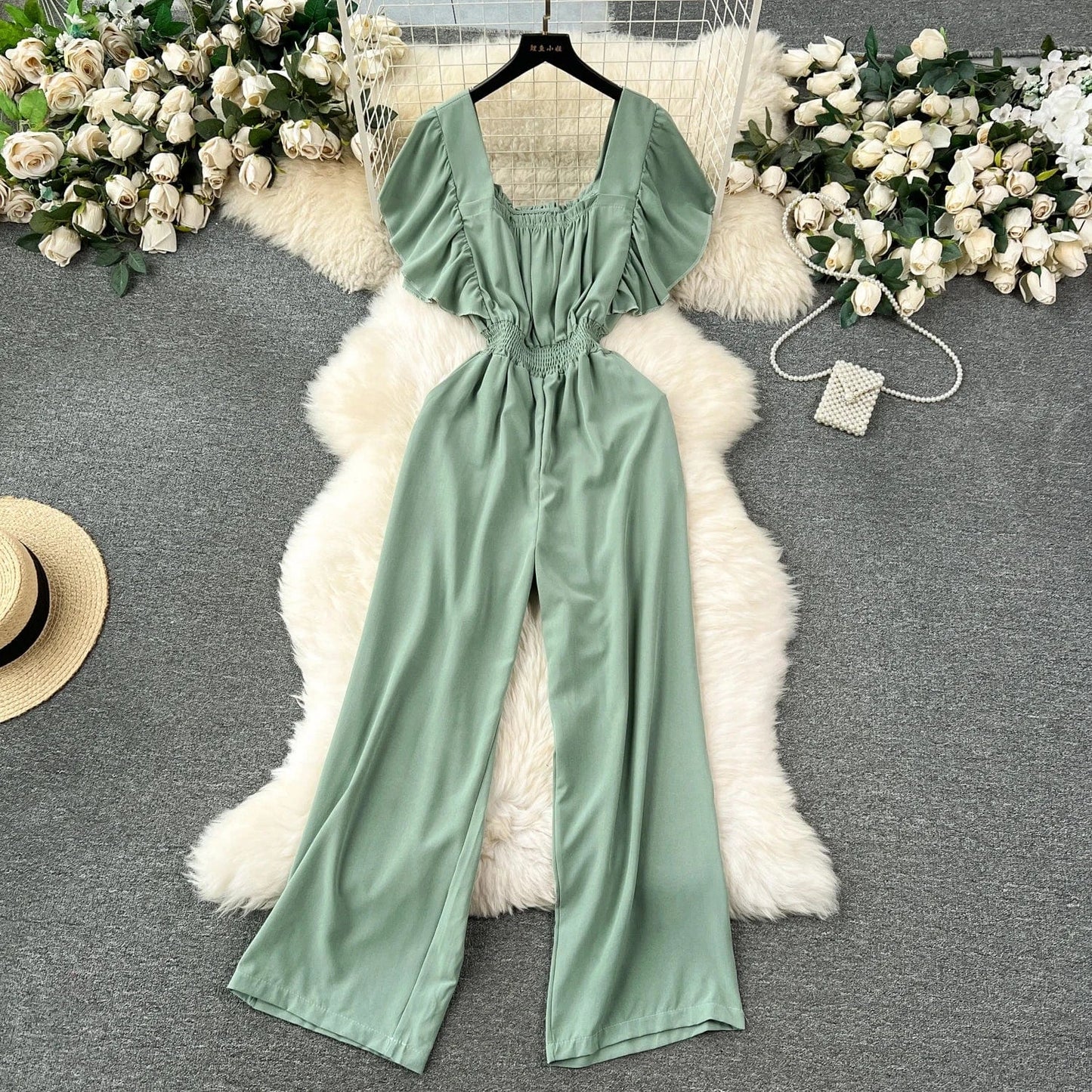 Free / MINT Fashionable elegant flying sleeve square neck jumpsuit for women high waist slim casual wide leg pants new spring/summer 2024