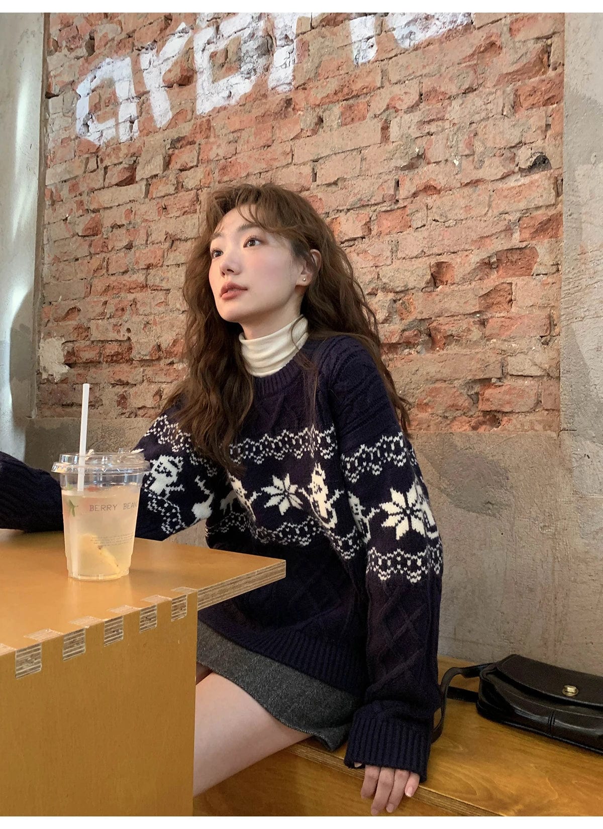 Free / NAVY 2024 Spring new arrival neck long sleeve loose christmas  new year jacquard sweater jumper