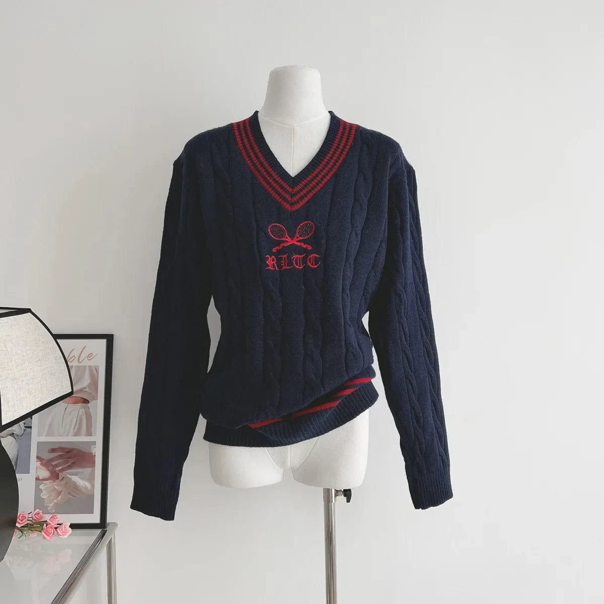 Free / NAVY 2024 Spring women new arrival crew neck long sleeve loose print cable knit pullover sweater jumper