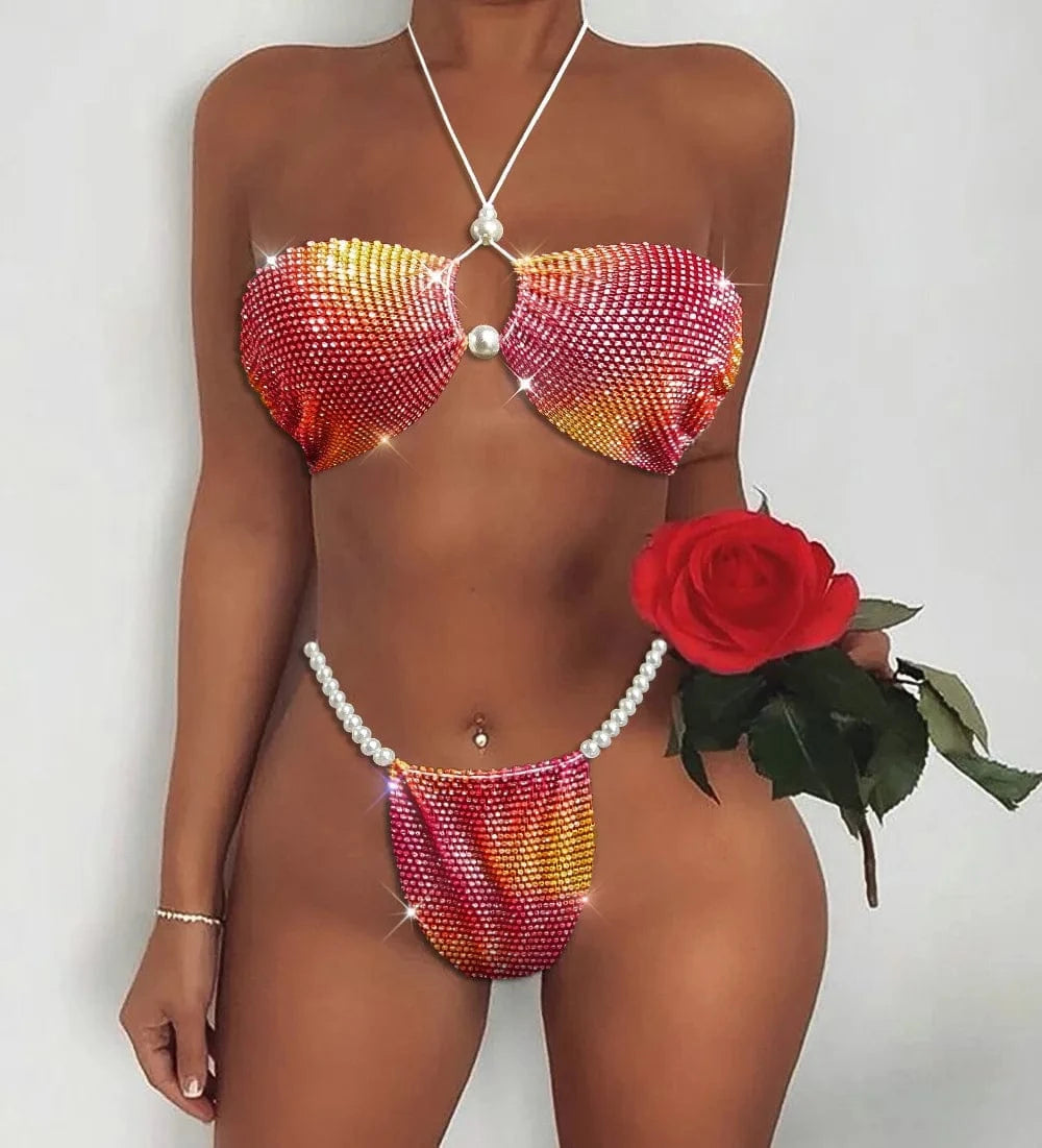 Free / No. 3 rose red yellow Sexy Particles Hot Diamonds Chest Triangle Rhinestones Pearl Bikini Sexy Babes Bikini Beachwear Women's Two-piece Bra Set
