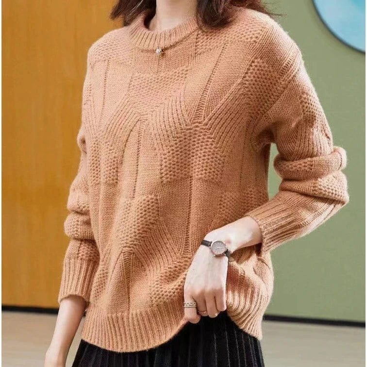 Free / Orange 2024 Spring women new arrival crew neck solid color long sleeve oversize cable knit pullover sweater jumper