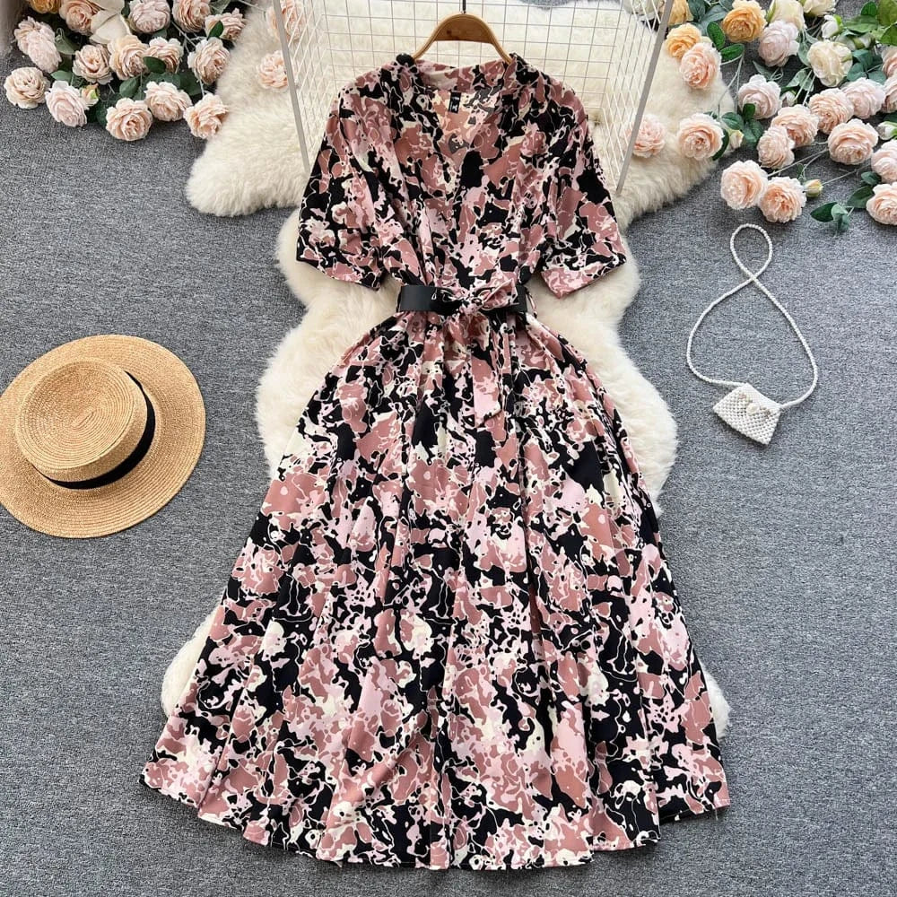 Free / Orange ANSZKTN Summer  Shirt Dress Women Printed Waist Wrapped Over Knee Large Swing Celebrity Fragmented Flower Long Dress