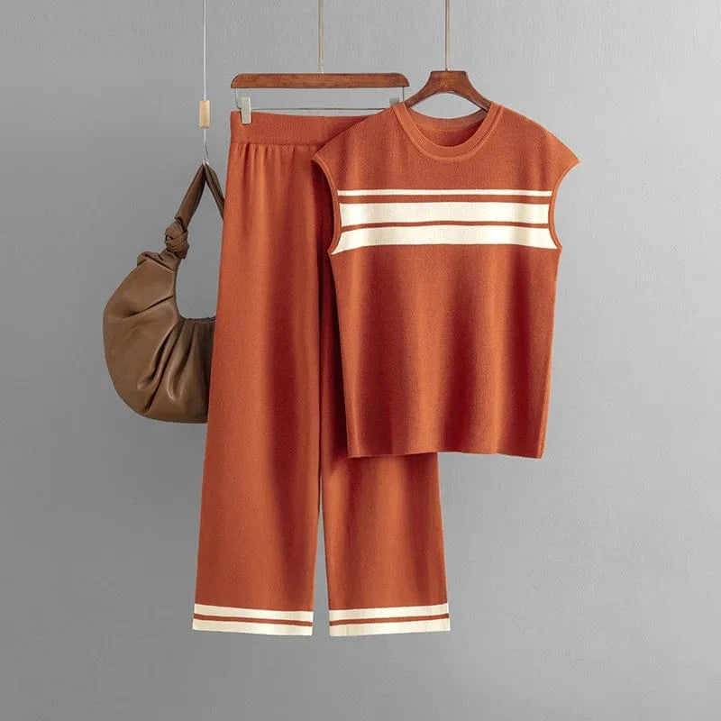 Free / Orange Boutique Wholesale 2024 Autumn New Loose Contrast Stripe Sleeveless Top High Waist Wide Leg Pants Women's Set