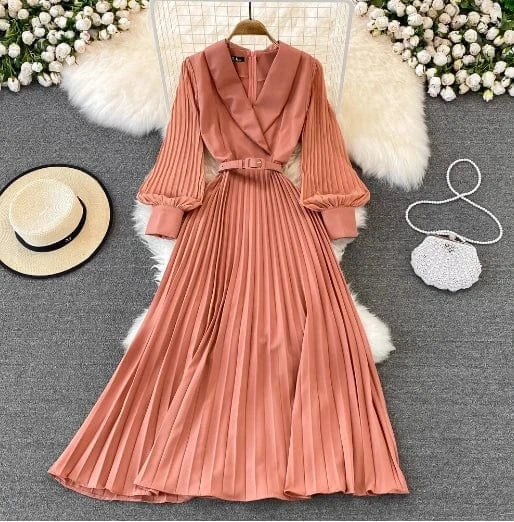 Free / Orange Liu Ming Elegant Elegant 2024 Streetwear Women Y2K Retro Sexy Casual Zipper Solid V Neck High Waist Pleated A Line Dress