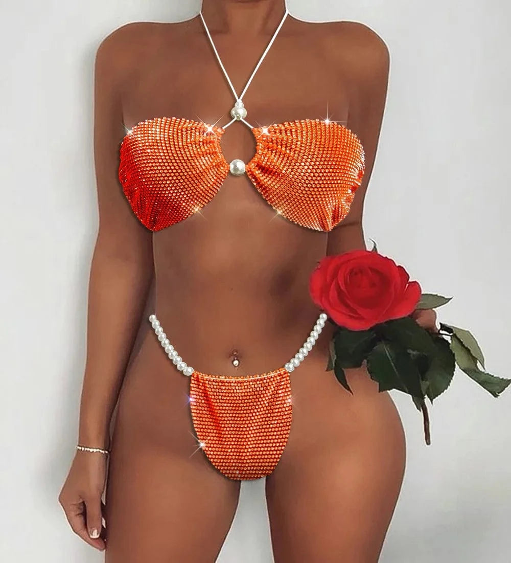 Free / Orange Sexy Particles Hot Diamonds Chest Triangle Rhinestones Pearl Bikini Sexy Babes Bikini Beachwear Women's Two-piece Bra Set