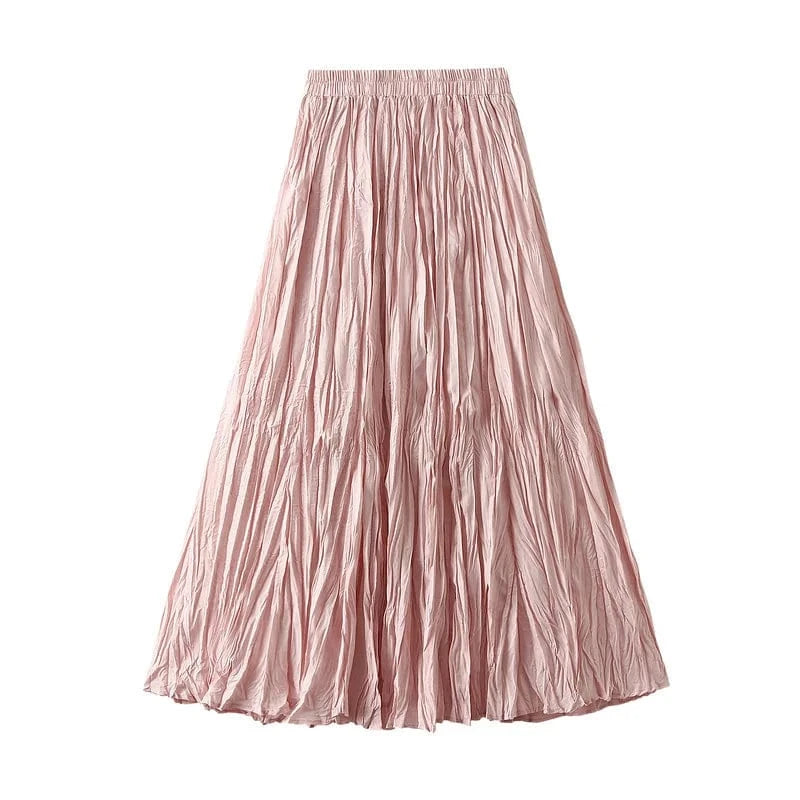 Free / Pink 15 Colors Pleated Long Maxi Skirts Women Solid Color Casual Kawaii 2024 Spring Summer Elastic Waist Skirt Lining Luxury Faldas