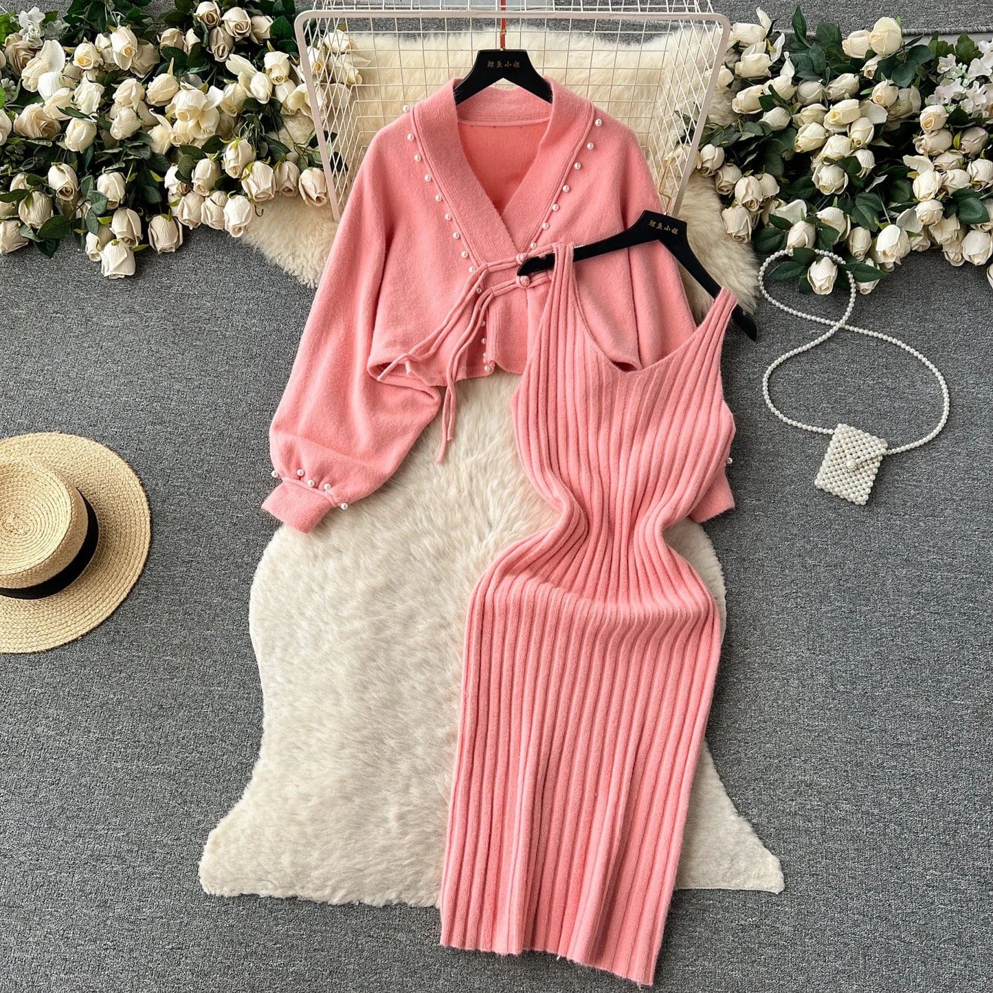 Free / Pink 2024 Fashion Set Women's Autumn and Winter Premium Halter Dress Vintage Loose Knit Shawl Jacket Set